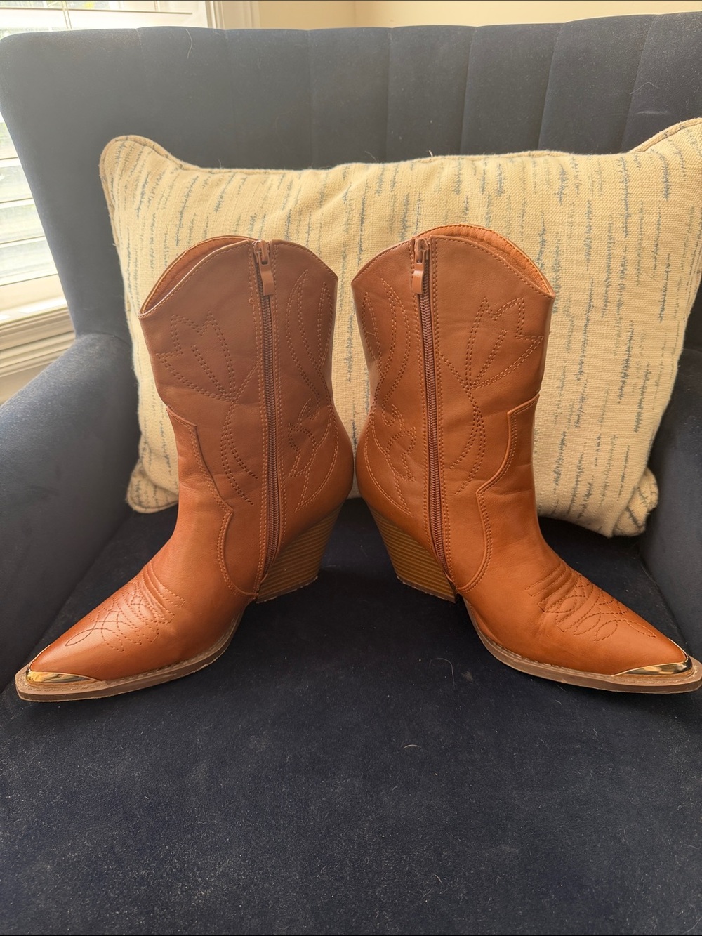 Pink Lily Cognac Western Ankle Booties with Pointed Toe